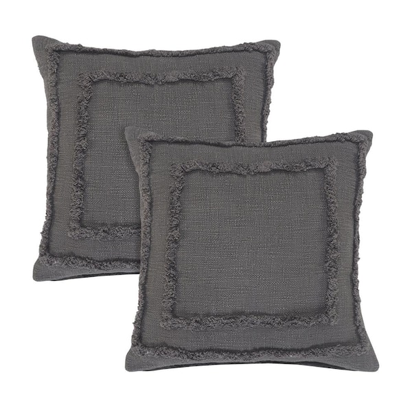 LR Home Charcoal Gray Solid Fringed Throw Pillow, 20 x 20