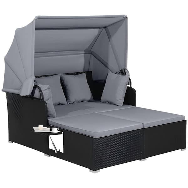 ANGELES HOME 60.5 in. L x 65 in W PE Wicker Patio Outdoor Day Bed with Cushions Retractable Canopy Side Tables