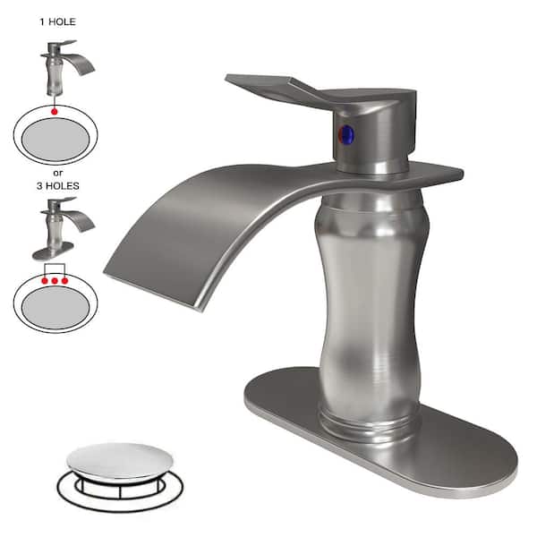 BWE Waterfall Single Hole Single-Handle Low-Arc Bathroom Faucet With Pop Up Drain With Overflow In Brushed Nickel