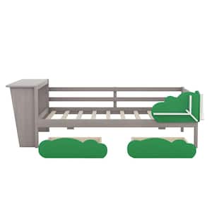 Kid's Daybed Gray Twin Size with Desk, Twin Daybed with Green Leaf Shape Drawers and Shelves for Boys Girls