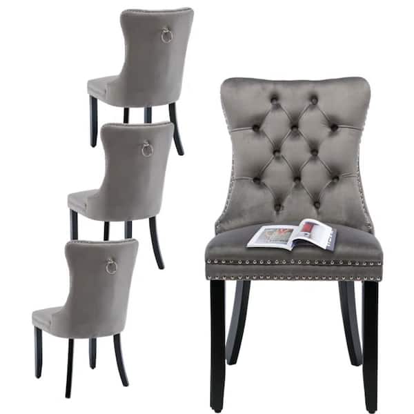 WONDER COMFORT Modern Gray Velvet Dining Chairs Set of 4, Tufted Upholstered Wing Back Chairs with Back Ring Pull, Nailhead Trim