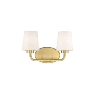 15 in. W x 9 in. H 2-Light Warm Brass Bathroom Vanity Light with Frosted Glass Shades