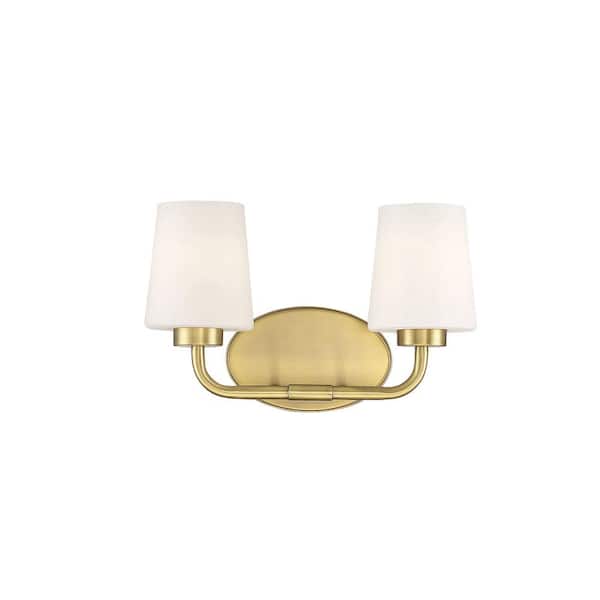 Savoy House 15 in. W x 9 in. H 2-Light Warm Brass Bathroom Vanity Light with Frosted Glass Shades