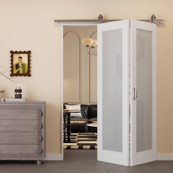 ARK DESIGN 56 in. W. x 80 in. 1-Lite Tempered Frosted Glass White Primed MDF Bifold Sliding Barn Door with Hardware Kit Nickle