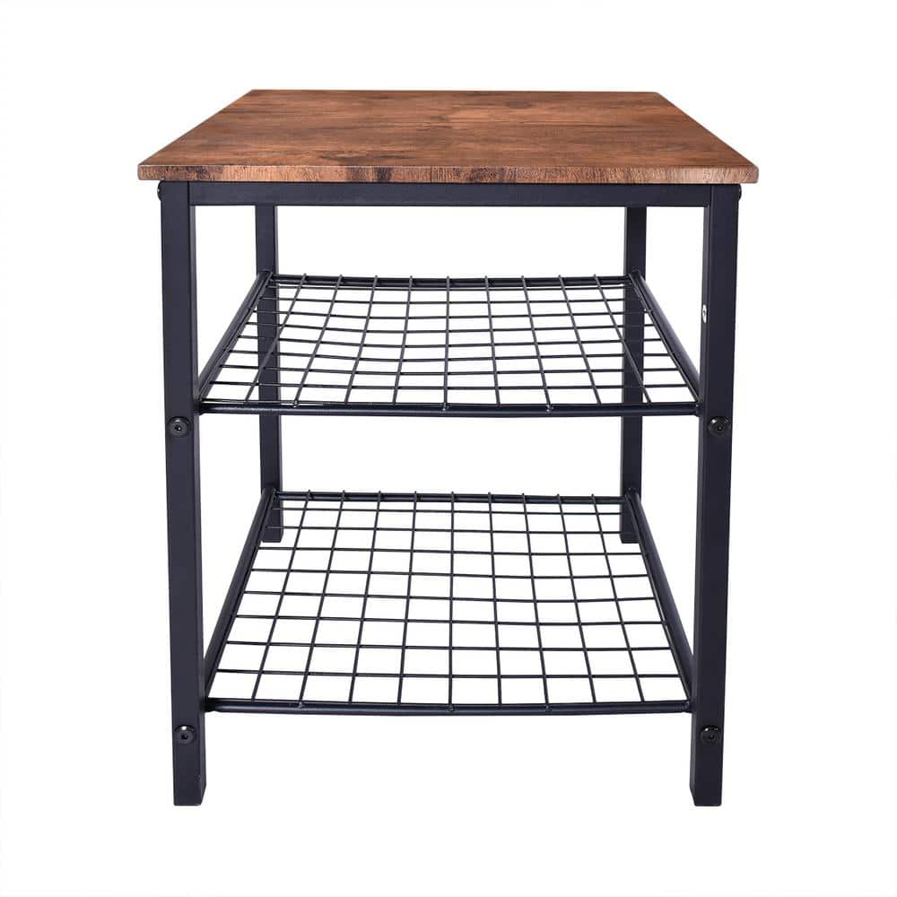 Black Metal 3 Tier Outdoor Side Table, Rustic Brown Top