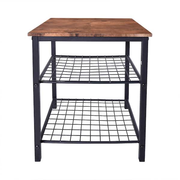 Unbranded Black Metal 3 Tier Outdoor Side Table, Rustic Brown Top