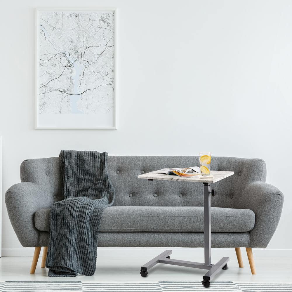 Adjustable Marble and Silver Mobile Side Table Cart