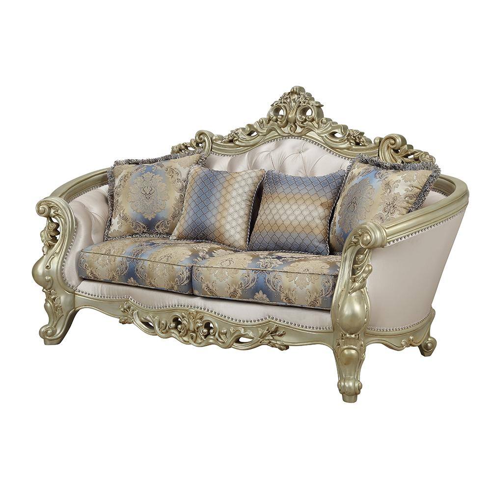 Elegant Floral Tufted Fabric Loveseat with Rolled Arms and Nailhead Accents