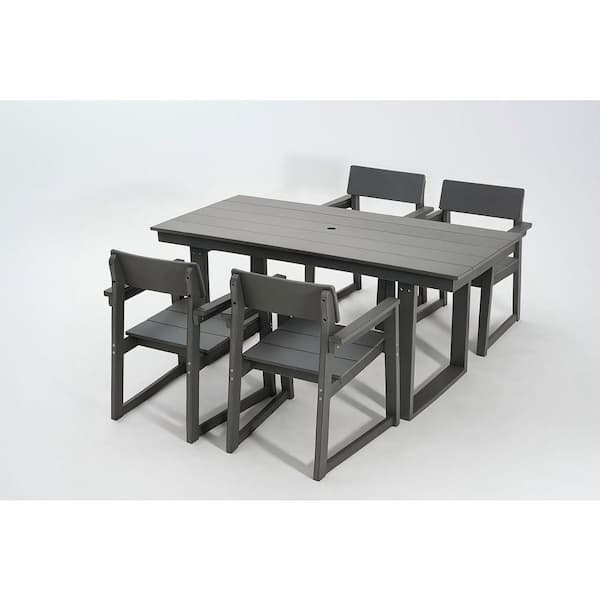 5-Piece HDPE Outdoor Dining Conversation Sectional Sofa Set, 69 in. L Rectangular Table with Umbrella Hole, Grey