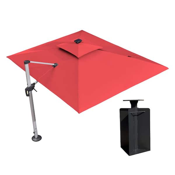 PURPLE LEAF 9 ft. x 12 ft. Aluminum Solar Powered LED Patio Cantilever Offset Umbrella with Base in Ground, Terra