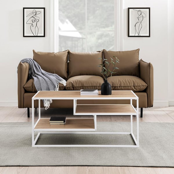 Walker Edison Furniture Company Modern 40 in. Coastal Oak and White Rectangle Wood Coffee Table with 1-Shelves