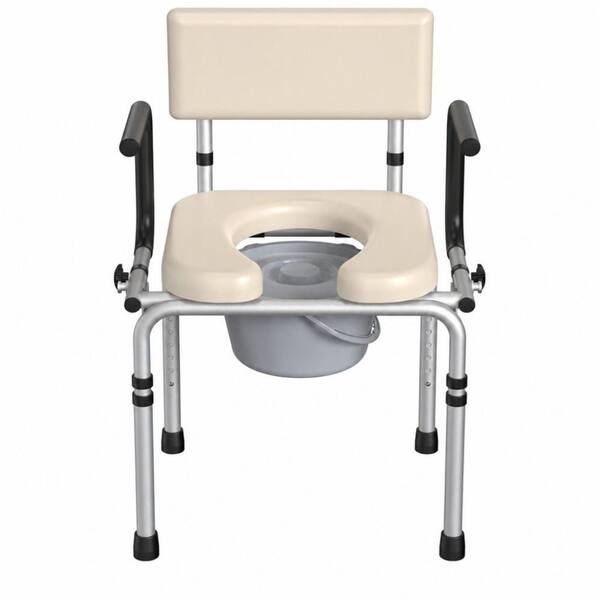 Adjustable Height 22.05 in. x 20.47 in. Drop Arm Bedside Commode in Beige w/ Padded Seat and Backrest 400 lbs. Capacity