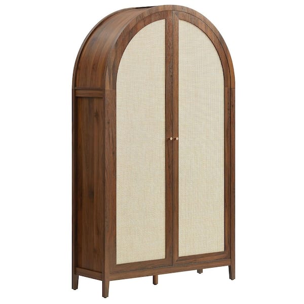 Calista Walnut Brown 79 in. Wide Rattan Arched Accent Storage Cabinet with 6 Shelves