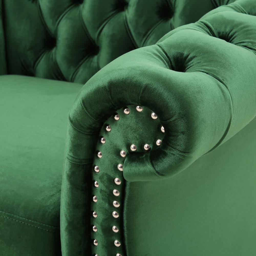 Emerald Velvet Chesterfield Accent Chair with Birch Wood Legs