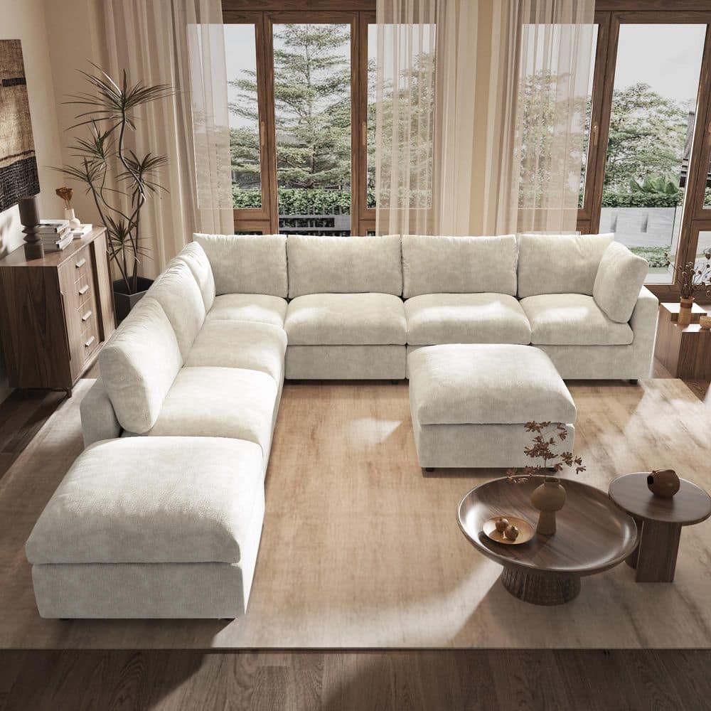 134 in. Square Arm 8-piece Chenille Modular Free Combination Sectional Sofa with Ottomans, Removable Covers in Beige