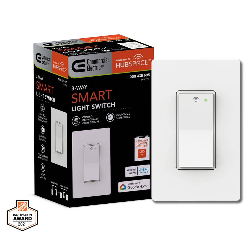 Commercial Electric 10 Amp 3-Way Smart Home Specialty Light Switch with Wi-Fi and Bluetooth Technology, White (1-Pack) Powered by Hubspace
