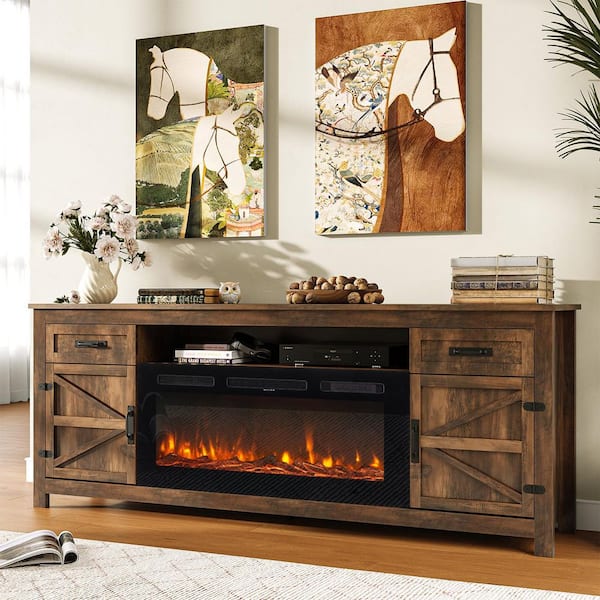 70 in. Freestanding Engineered Wood Electric Fireplace TV Stand in Brown