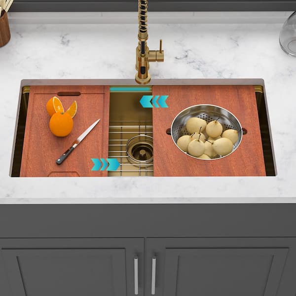 36 in. Undermount Single Bowl 16-Gauge Gold Stainless Steel Kitchen Sink with Workstation