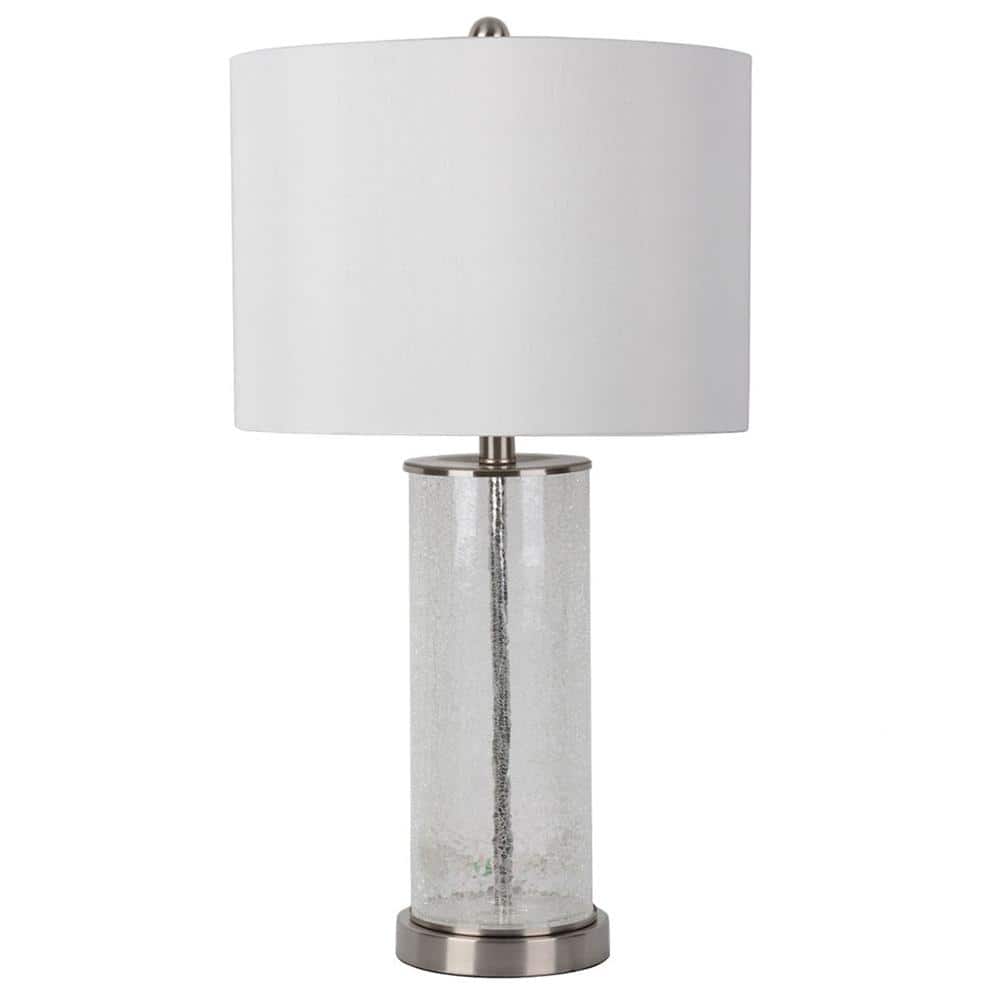 26 in. Brushed Steel and Glass Table Lamp with White Fabric Shade