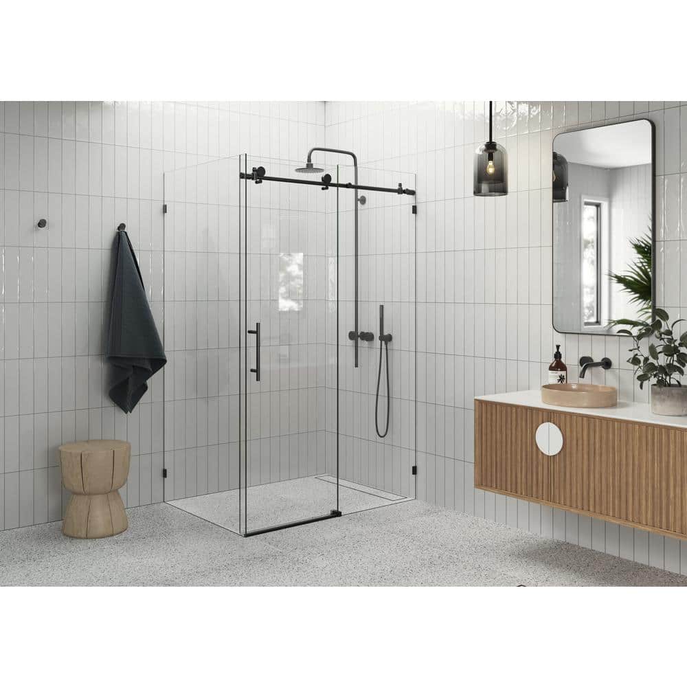 Matte Black Frameless Sliding Glass Shower Enclosure, 48 x 78 inches