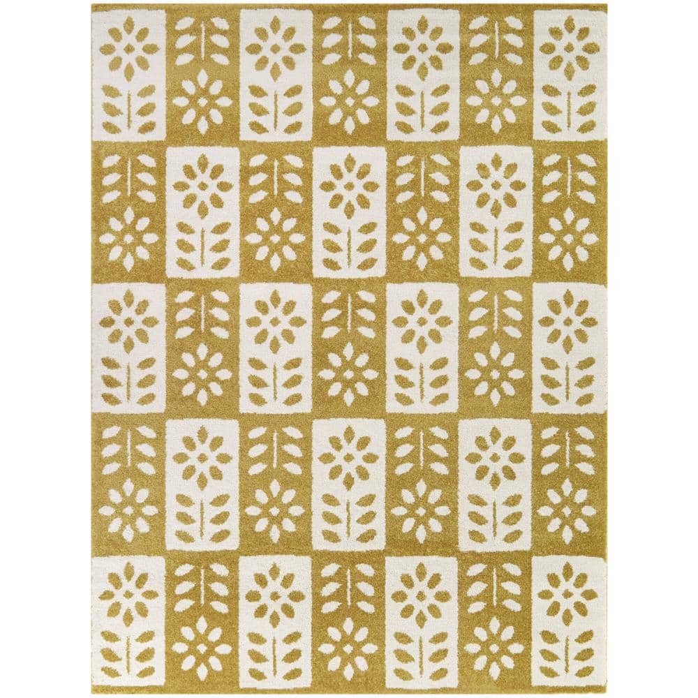Karol Gold and White Floral Rectangular Kids Area Rug