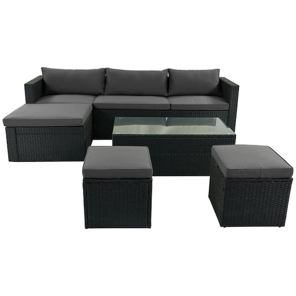Utopia 4niture Soren PE Wicker Rattan Outdoor Sectional Sofa Set with Coffee Table and Gray Cushions