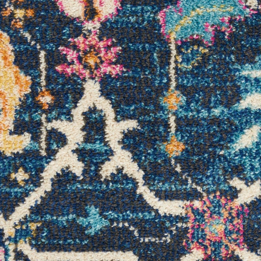 Bohemian Navy Floral Round Synthetic Area Rug - 5'3"