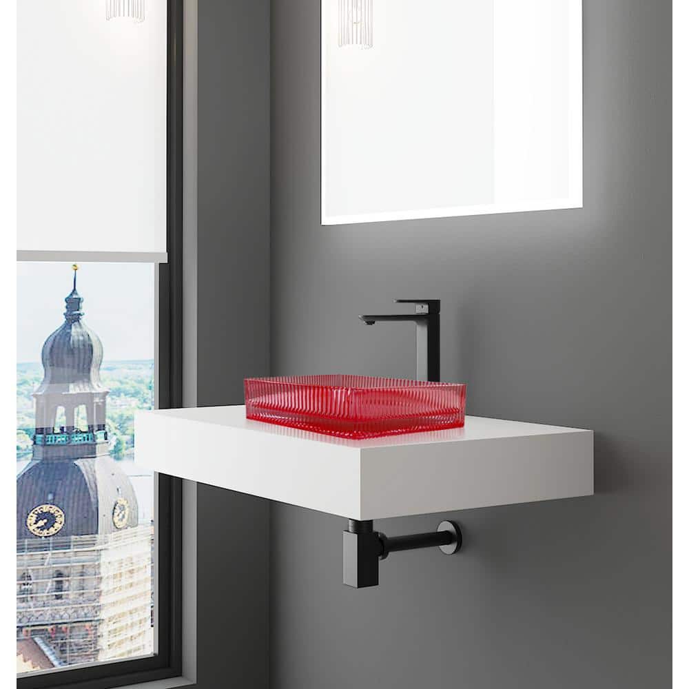 15" Red Rose Ribbed Glass Square Vessel Sink