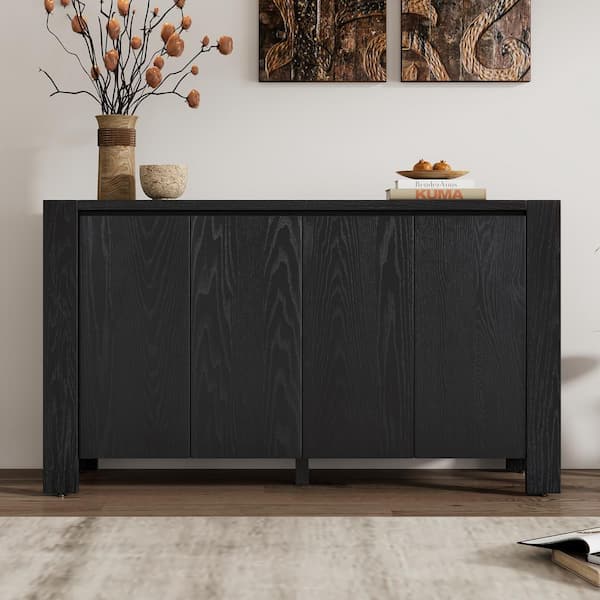 Black Wood 59 in. W Sideboard with 4-Doors and Adjustable Shelves