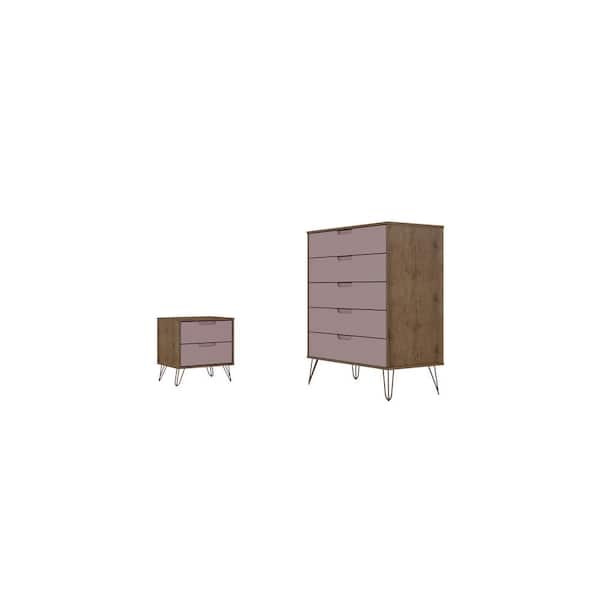 Manhattan Comfort Rockefeller Nature and Rose Pink 5Drawer Dresser and 2Drawer Nightstand Set