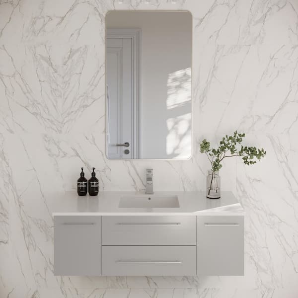 Lucera 48 in. Single Sink Wall Mount Floating Gray Bath Vanity with White Quartz Top and Undermount Ceramic Sink