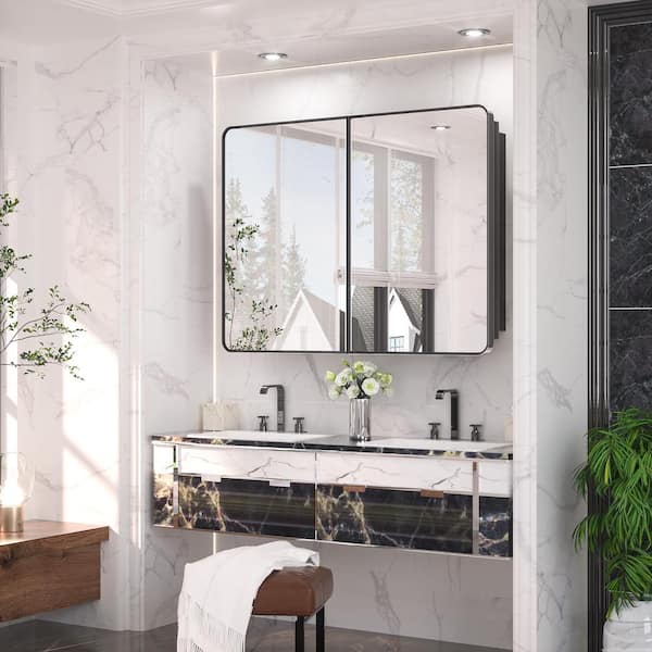 KeonJinn 40 in. W x 32 in. H Rectangular Black Stainless Steels  Framed Recessed/Surface Mount Medicine Cabinet with Mirror