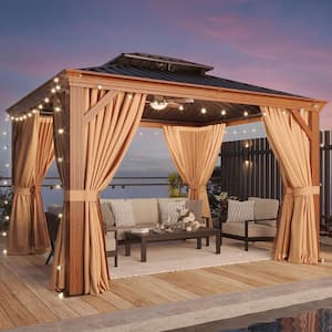 12 ft. x 10 ft. Wood Grain Double Galvanized Steel Roof Patio Hardtop Gazabo with Ceiling Hook, Curtains and Netting