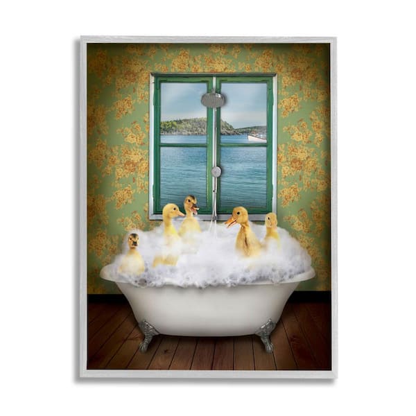 The Stupell Home Decor Collection Ducks Bathing Tub Ocean View Design by John Hovenstine Framed Animal Art Print 30 in. x 24 in.