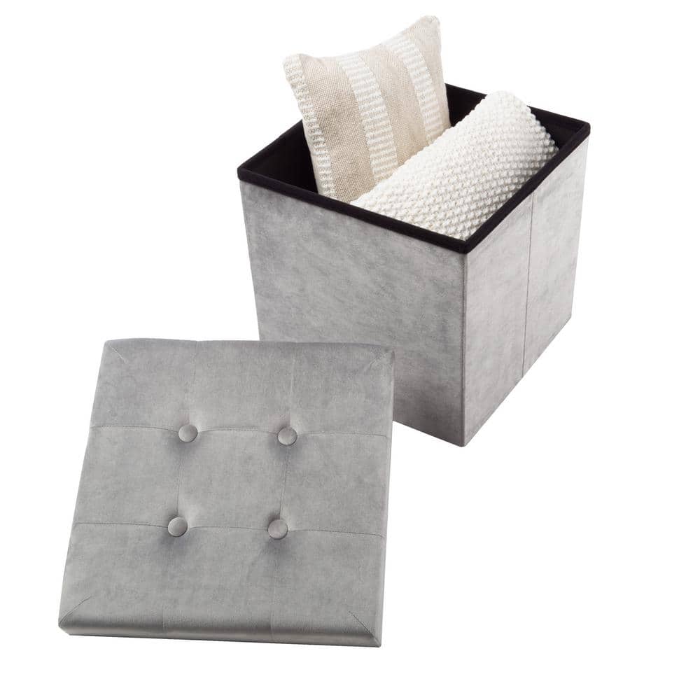 Premium Gray Velvet 15'' Multipurpose Tufted Storage Ottoman