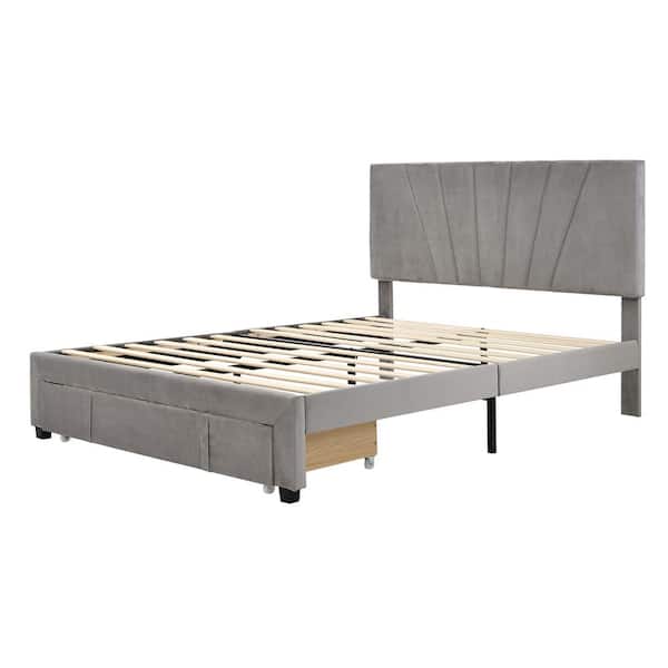 ATHMILE 83.75 in. W Gray Queen Size Velvet Upholstered Wood Frame Platform Bed with Big Drawer