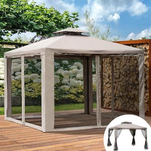 9.6 ft. x 9.6 ft. Taupe Patio Gazebo, Outdoor Canopy Shelter with 2-Tier Roof and Netting, Steel Frame for Backyard