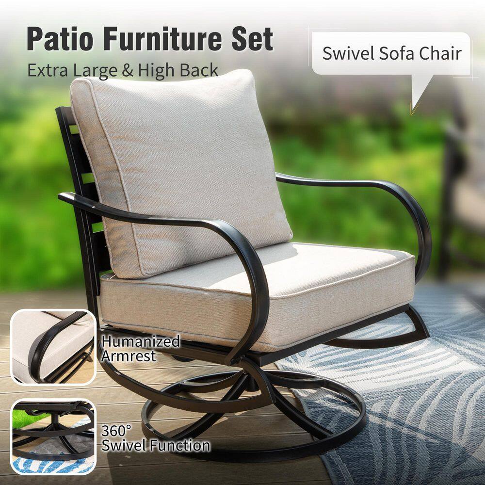 A black metal swivel lounge chair with beige cushions, highlighting the armrest and swivel function.