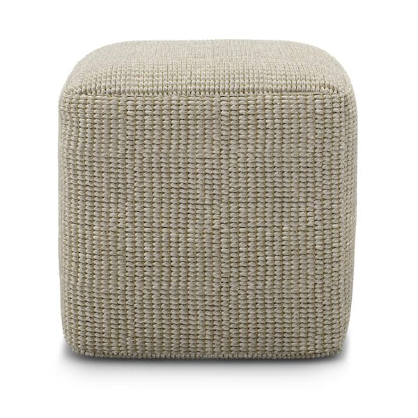 Simpli Home Zelma Boho Square Woven Outdoor Indoor Fabric Pouf in Cream and Natural Recycled PET Polyester AXCODPF 368 NC