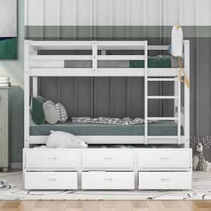 White Twin Over Twin Bunk Bed with Twin Trundle, Detachable Wood Kids Bunk Bed with 3 Drawers and Built-in Ladder