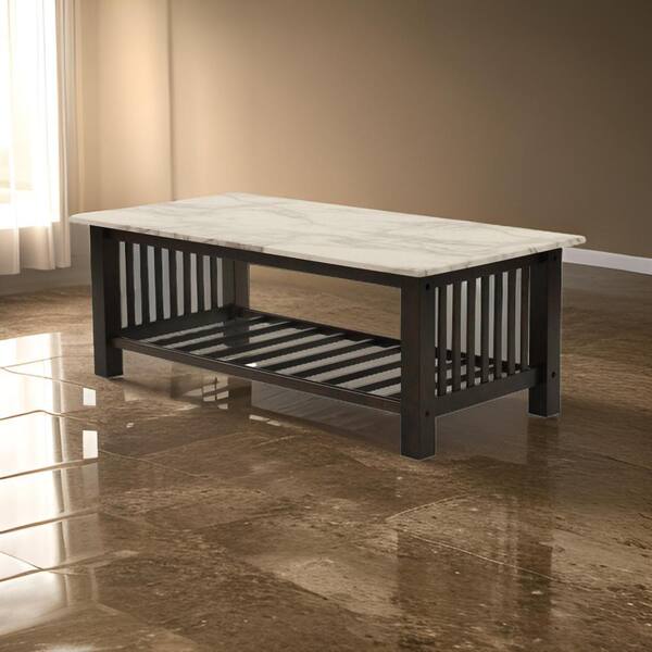 Benjara Moen 48 in. Brown and White Rectangle Wood Coffee Table with White Faux Marble Top and Bottom Shelf