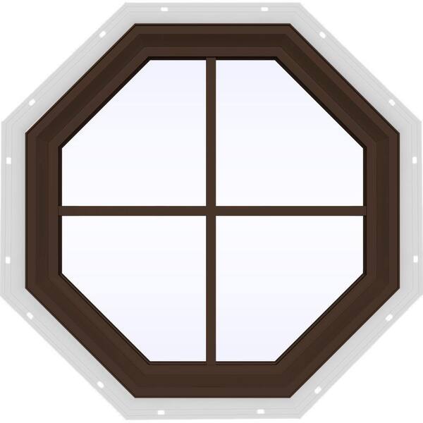 JELD-WEN 23.5 in. x 23.5 in. V-2500 Series Brown Painted Vinyl Fixed Octagon Geometric Window with Colonial Grids/Grilles