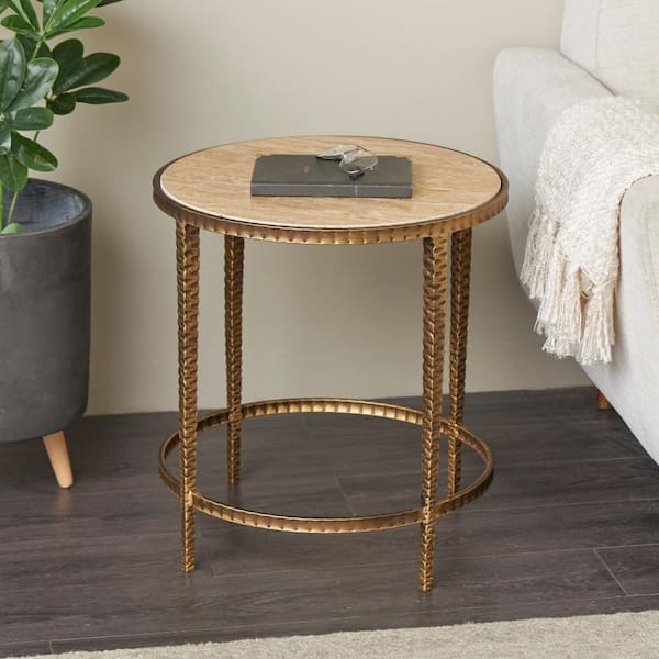 Litton Lane 19 in. Gold Large Round Marble End Table with Gold Metal