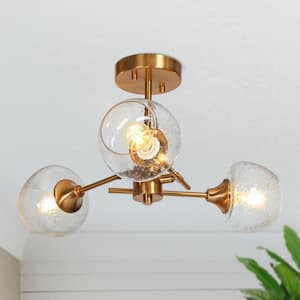Modern Sputnik Ceiling Light 3-Light Electroplated Brass Semi-Flush Mount Light with Seeded Glass Shades