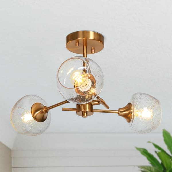 Uolfin Mid-Century Modern Bowl Ceiling Light 3-Light Coastal Brass Gold  Semi-Flush Mount Light with Seeded Glass Shade 628D7JZFUFR3679 - The Home  Depot