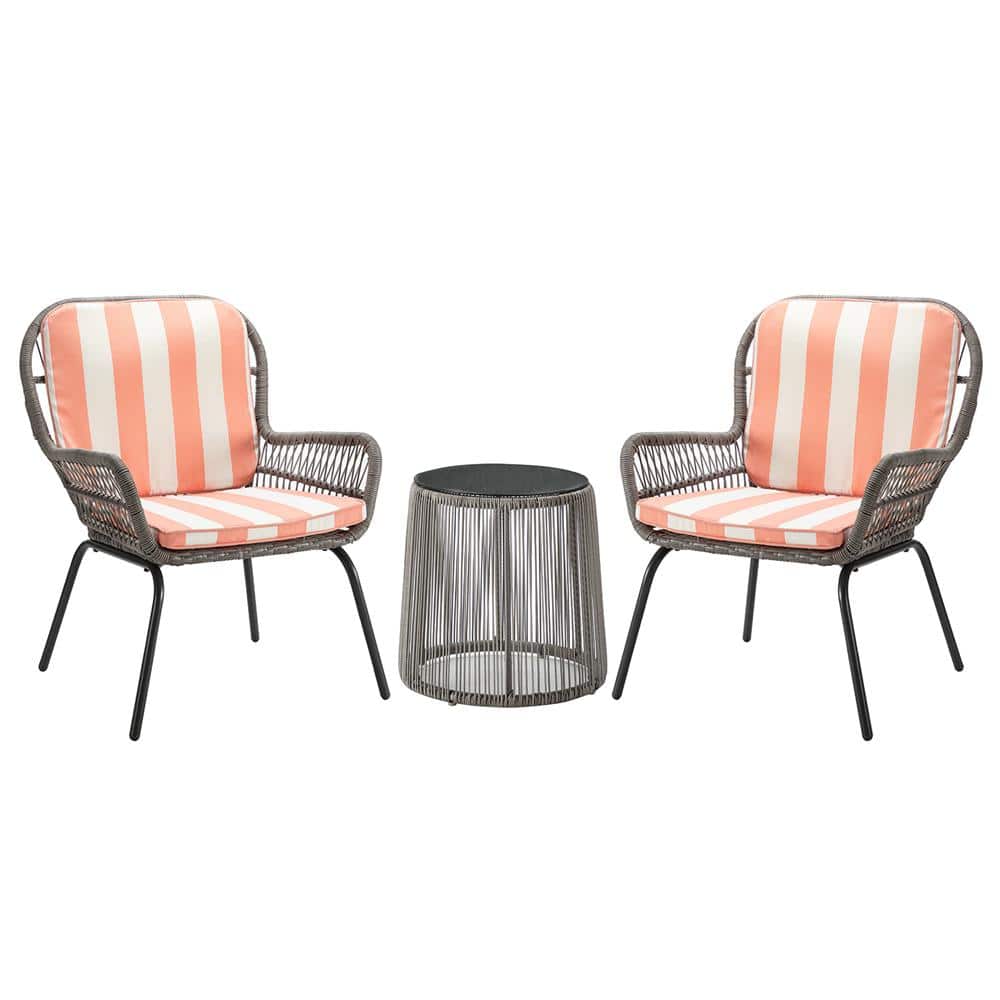 Black 3-Piece Wicker Outdoor Bistro Set with Blush Cushion