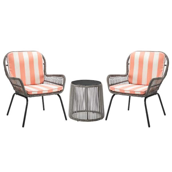 Unbranded Black 3-Piece Wicker Outdoor Bistro Set with Blush Cushion