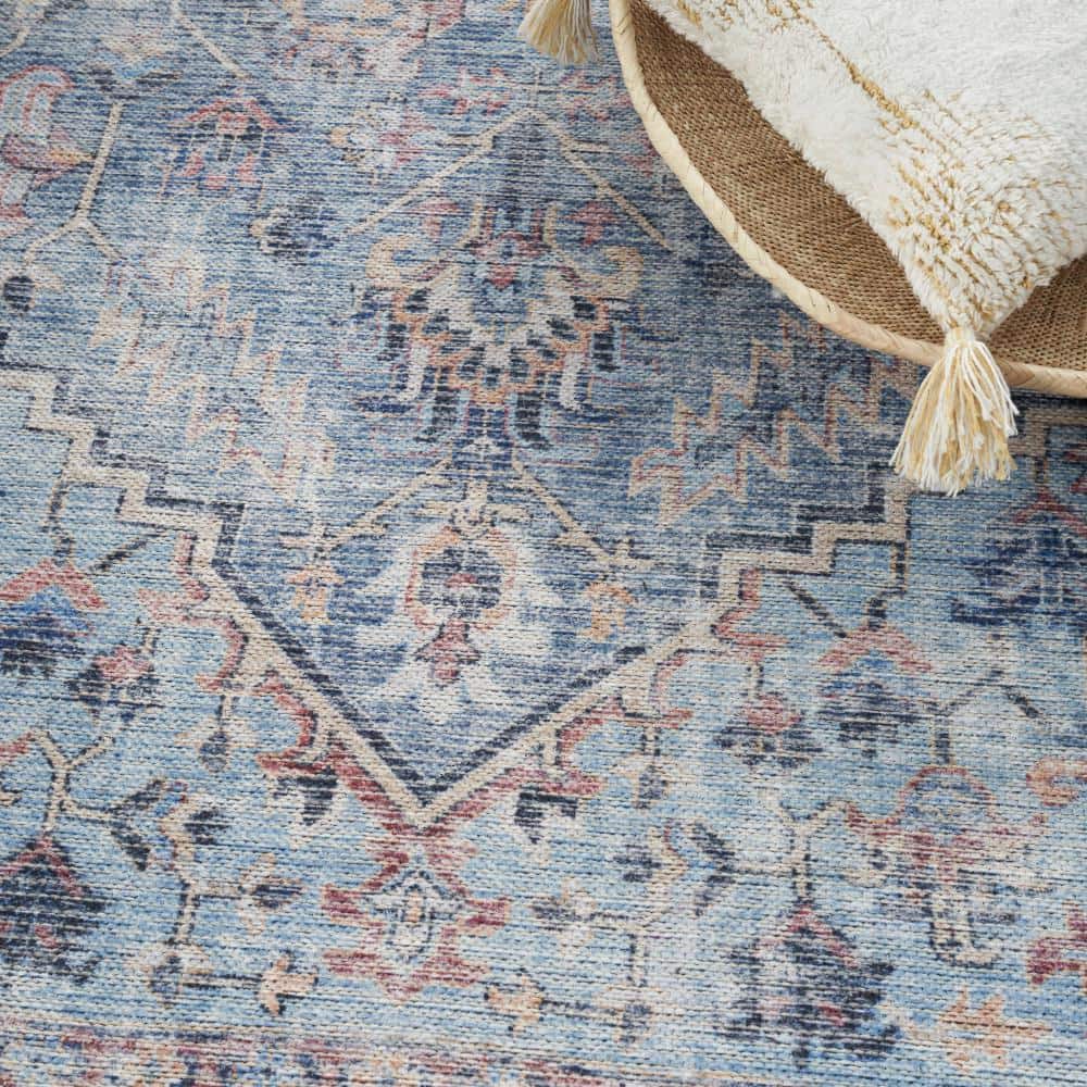 Light Grey and Blue Floral Cotton Chenille Rectangular Rug 6' x 9'