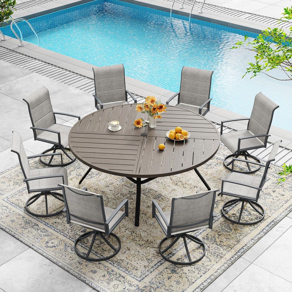 9-Piece Metal Textilene Outdoor Patio Dining Set with Gray Wood-Like Round Table and 8 Swivel Dining Chairs in Gray price history on PriceWatchPro