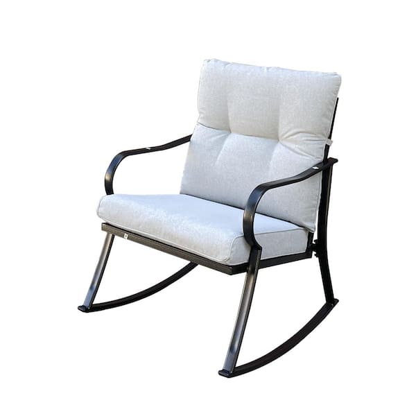 3-Piece Metal Outdoor Bistro Rocker Set with Off White Cushion and Teapoy